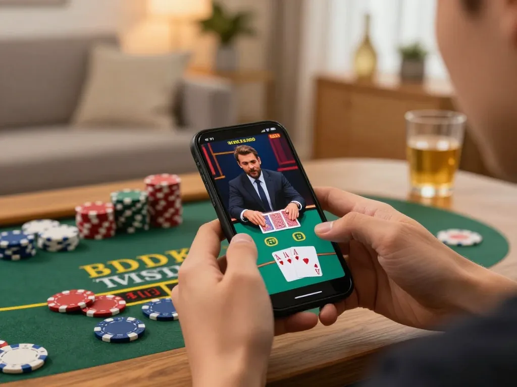 Person engaging in live dealer blackjack on RR88 NAVY app from a cozy home setup, highlighting the excitement of mobile gambling.