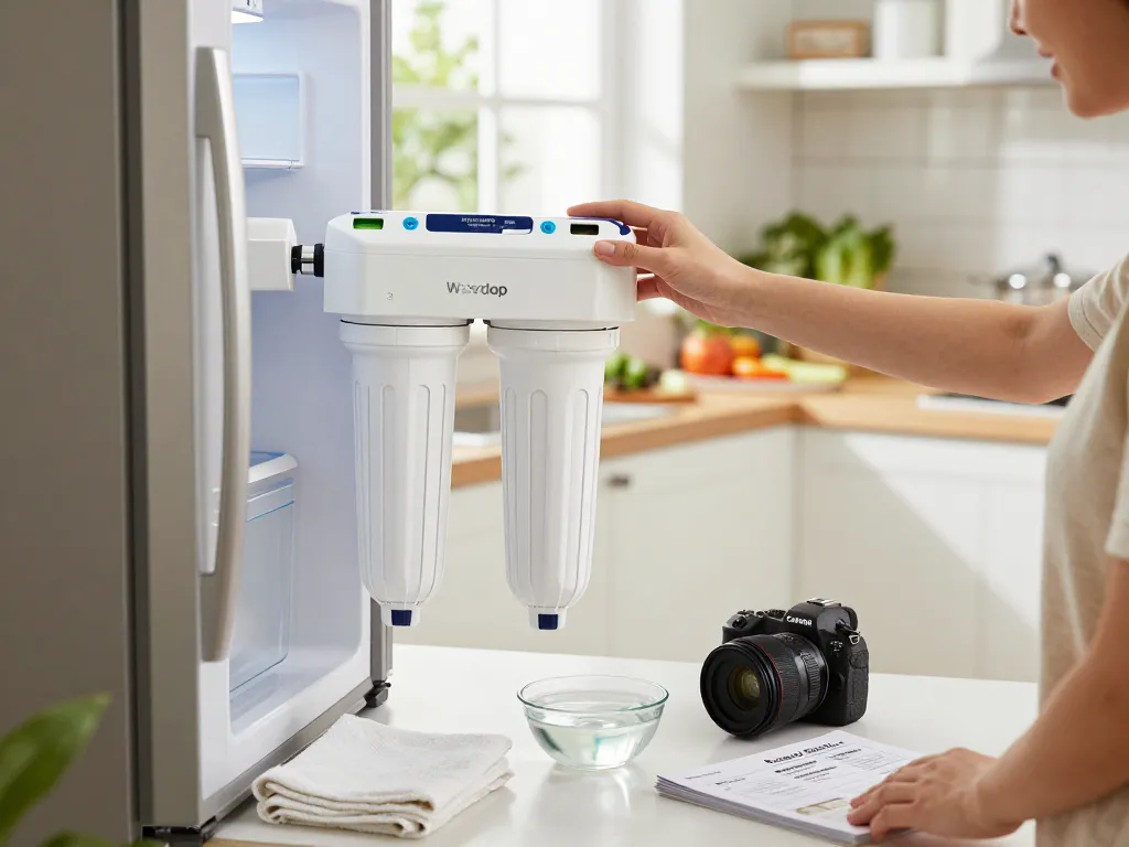 Person installing Waterdrop EDR3RXD1 Replacement for Everydrop® Filter 3 in a modern kitchen, promoting clean hydration.