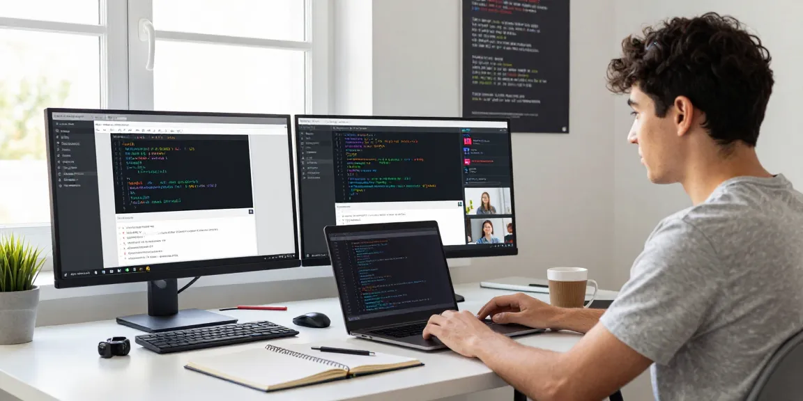 Student engaged in a React JS certification course at a modern desk, showcasing tools for online learning.