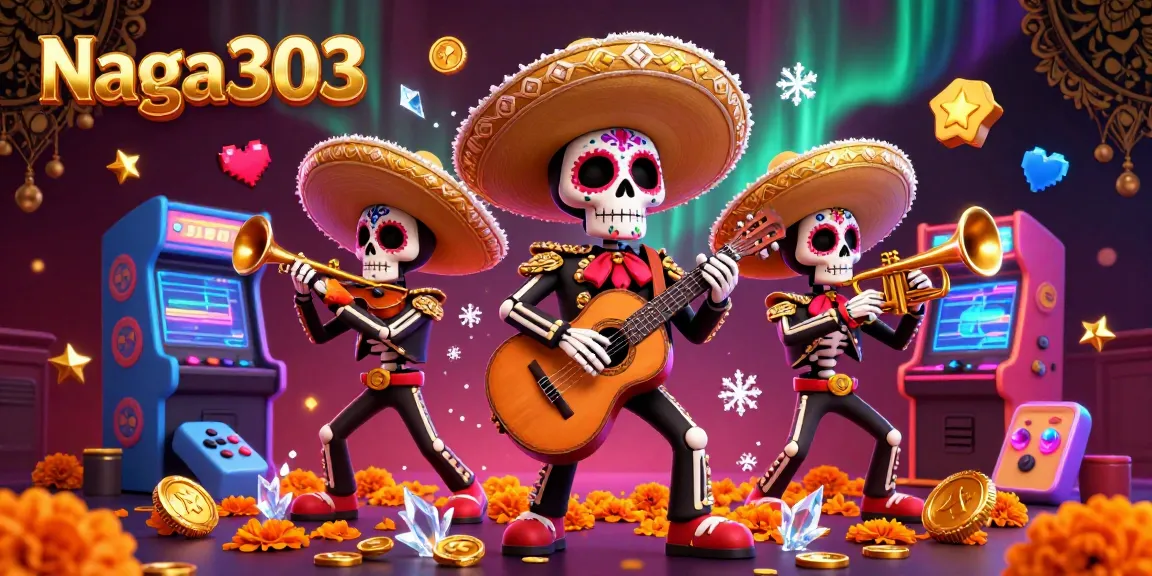 Naga303 offers an exciting casino experience with a vibrant illustration featuring a Day of the Dead mariachi band amidst colorful gaming elements.