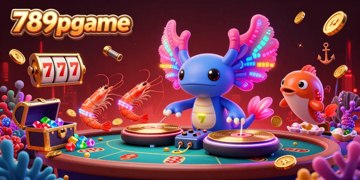 Experience the thrill of 789pgame in a vibrant casino scene with glowing axolotl DJ and dynamic gaming elements.