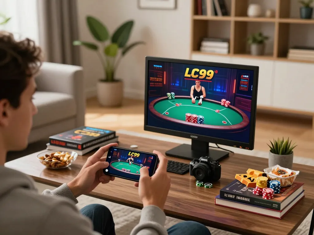 Player enjoying LC99 casino app on smartphone in a cozy living room setup, emphasizing responsible gaming.