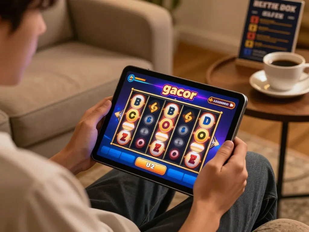 Player enjoying slot gacor on tablet in a comfortable setting with betting notes.
