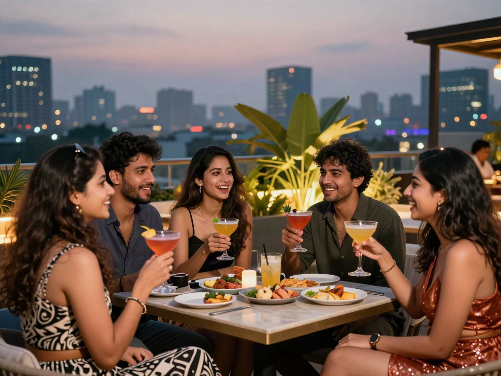 Gurgoan escorts enjoying a stylish night out at a rooftop lounge, showcasing urban nightlife.