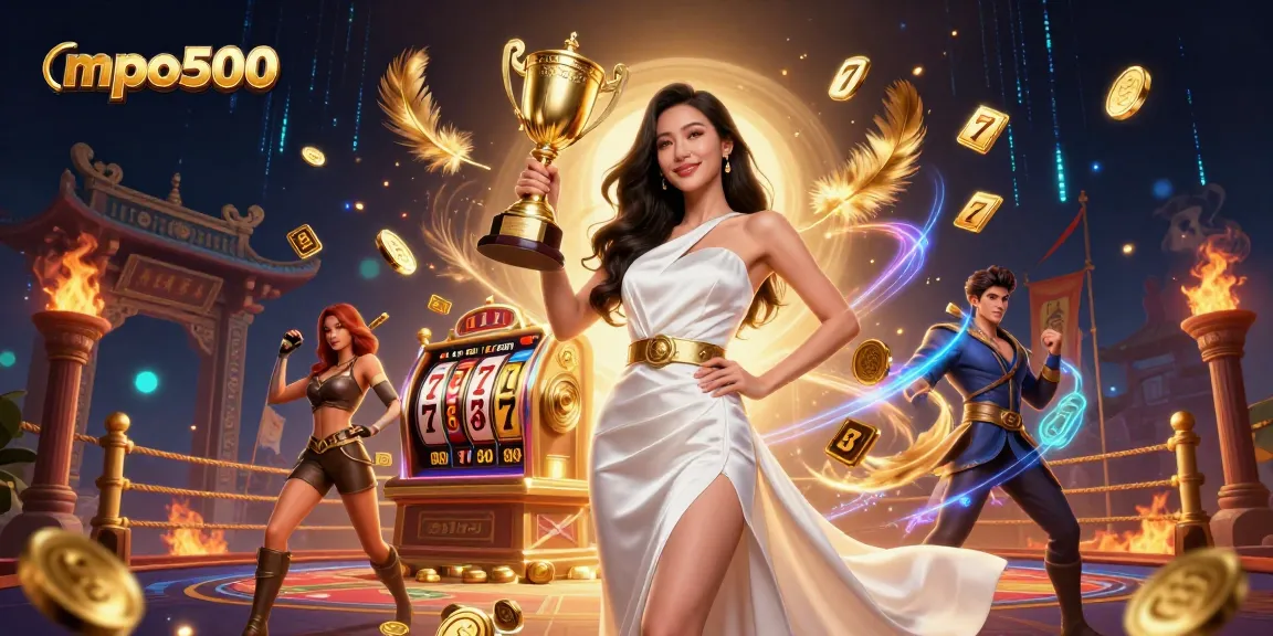 Win big at mpo500 with a stunning Asian woman trophy holder, surrounded by dynamic slot elements.