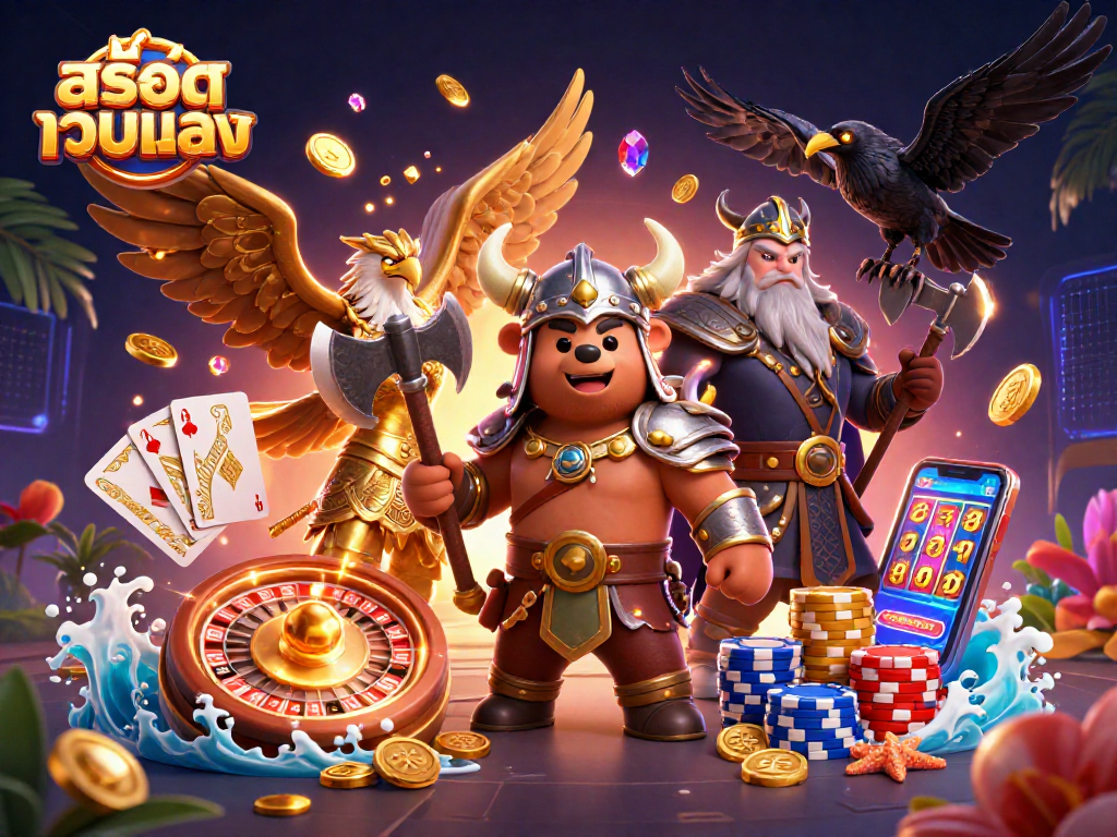 Experience thrilling wins with สล็อตเว็บตรง featuring Viking characters, coins, and vibrant casino elements.
