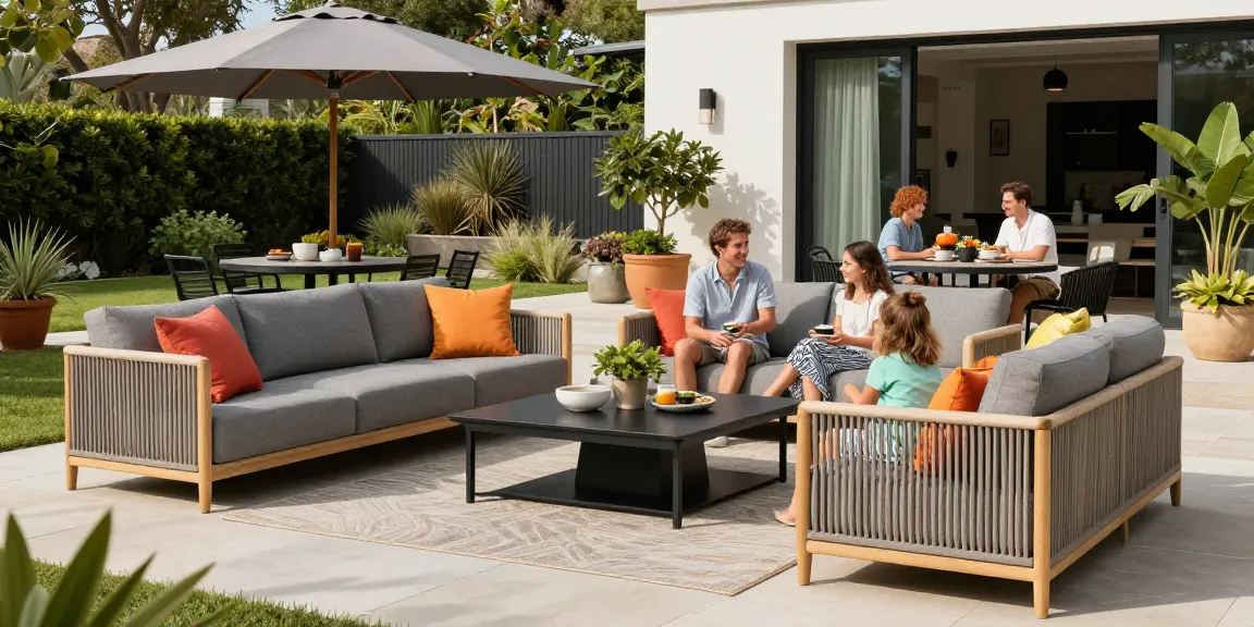Modern patio furniture scene with driftwood gray sofa and Lotus dining set, showcasing inviting outdoor living space.
