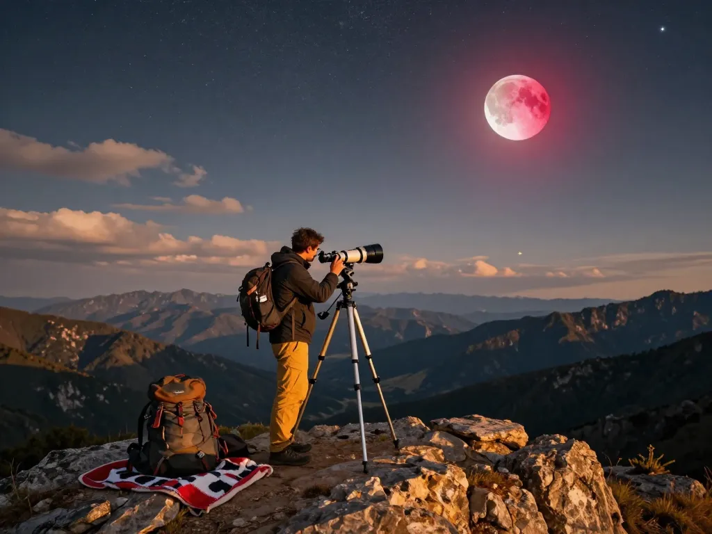 Total lunar eclipse viewed from a mountain, with a person observing through a telescope.