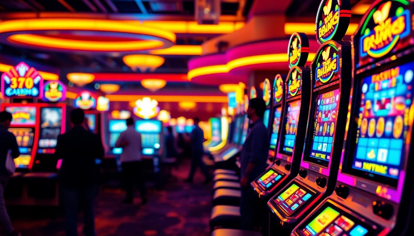 Putar Slot Depo 5000 di kasino dengan lampu neon yang menyala dan mesin slot modern.