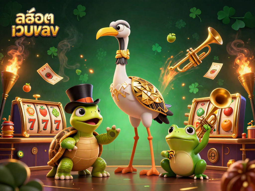 Engage with สล็อตเว็บตรง in this vibrant 3D illustration featuring a lucky crane, turtle, and frog amidst casino symbols.