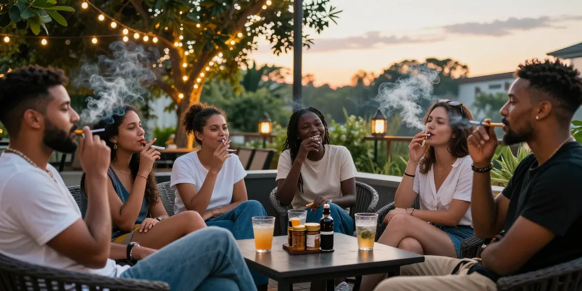 Friends gathering outdoors enjoying rokok88 login and smoking, warm evening light creating a relaxed vibe.