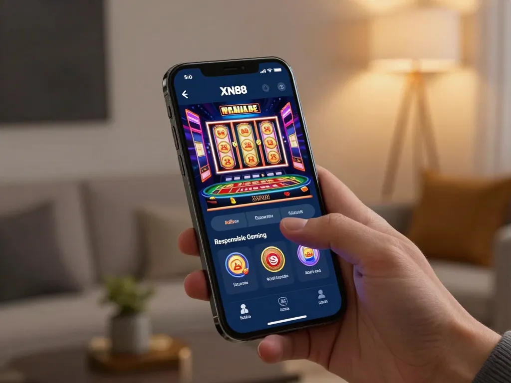 Player engaging with the XN88 app, placing bold bets and winning rewards in a modern setting.