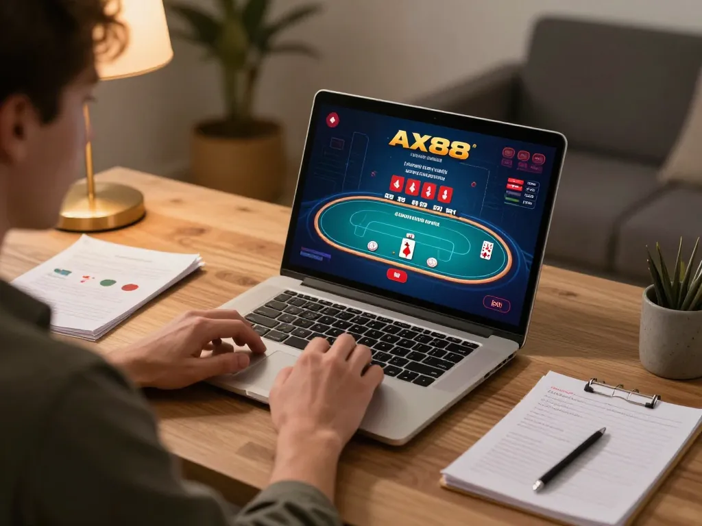 Play poker online at ax88 in a cozy home office setup with a laptop and strategy notes.