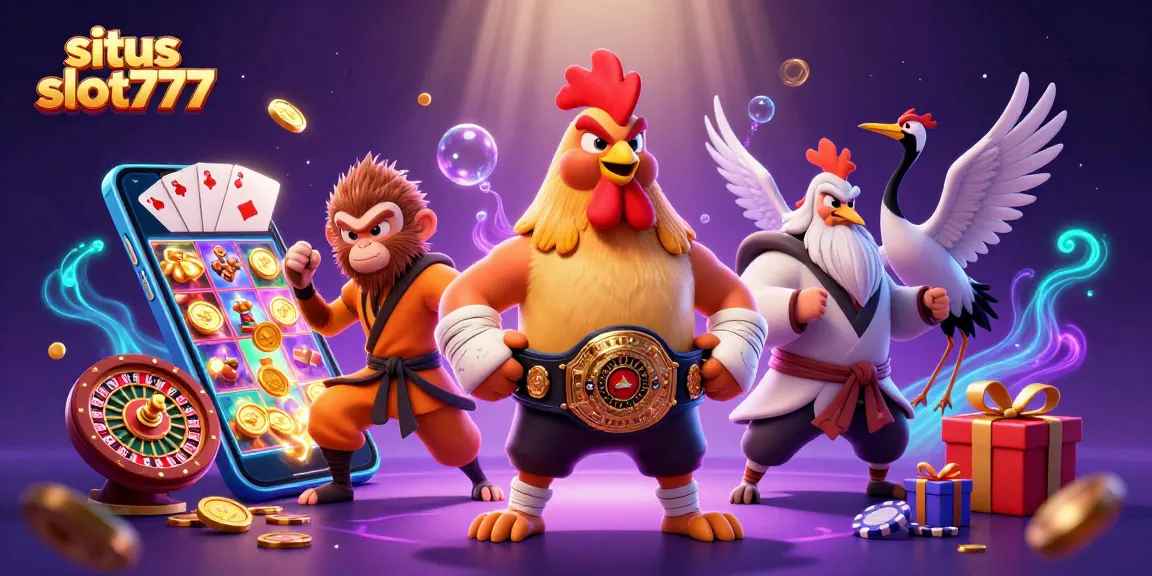 Experience the excitement of situs slot777 with a vibrant 3D illustration of cartoon characters and dynamic gaming elements.