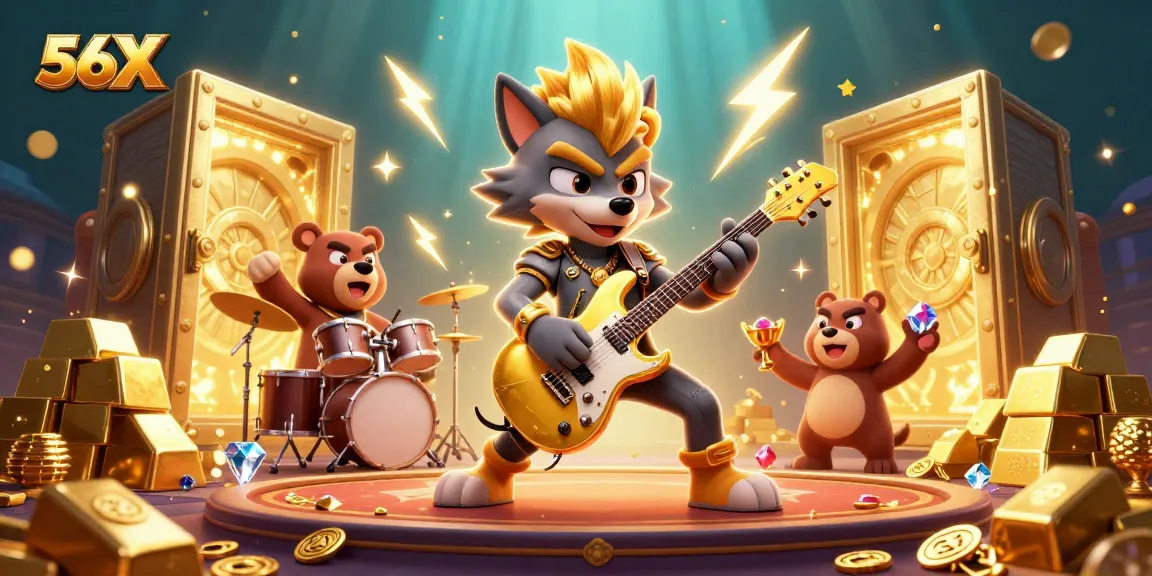 Join the excitement at 56X Casino featuring a vibrant rock star wolf and a drummer bear in a dazzling gambling scene.