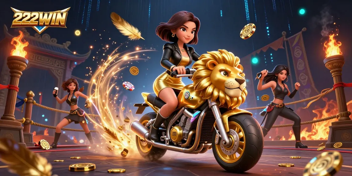 Experience the excitement of 222WIN with glamorous Asian woman riding a golden lion amidst vibrant casino elements.