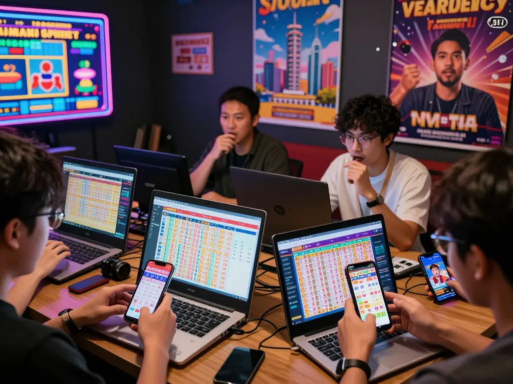 Players checking HK Hari Ini lottery results online on multiple devices in an engaging virtual hub.