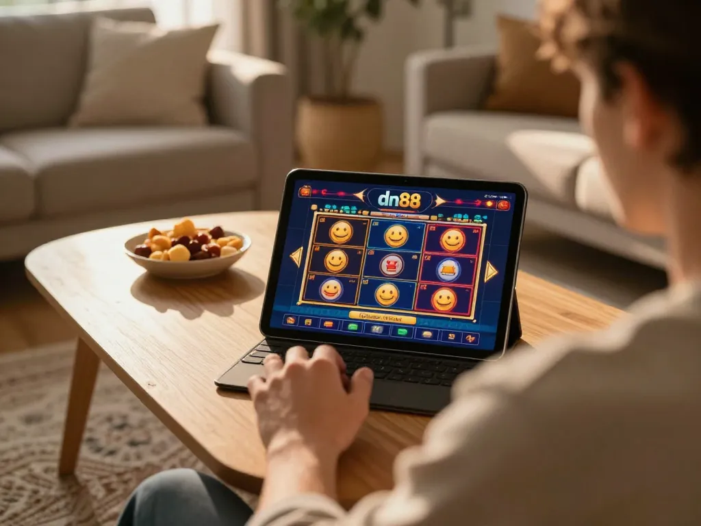 Engaged player enjoying dn88 online casino with tablet in cozy living room setting.