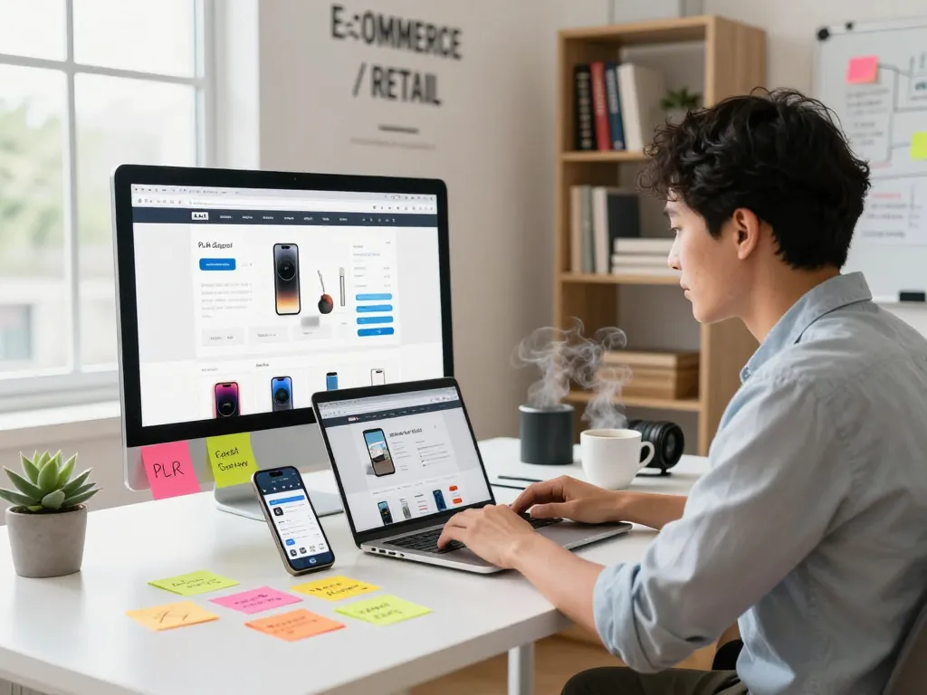 Buy PLR Digital Products showcased on eCommerce website with entrepreneur in vibrant workspace.