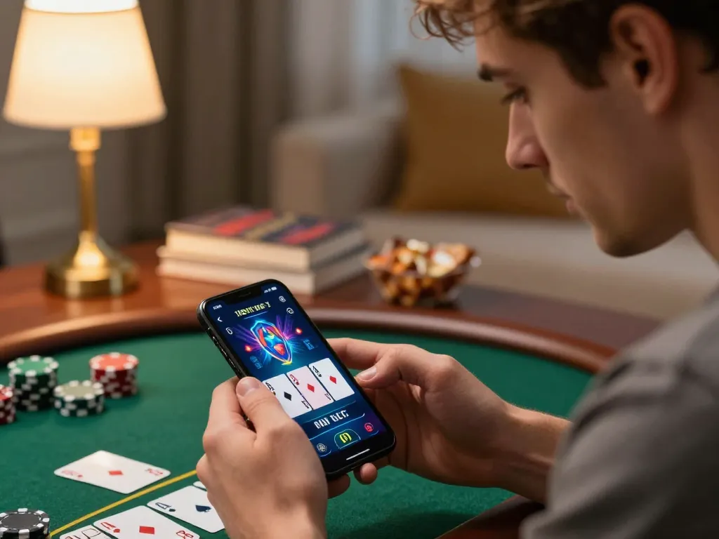 Player strategizing in live poker session on smartphone app, focused expression, enhancing da88 gaming experience.