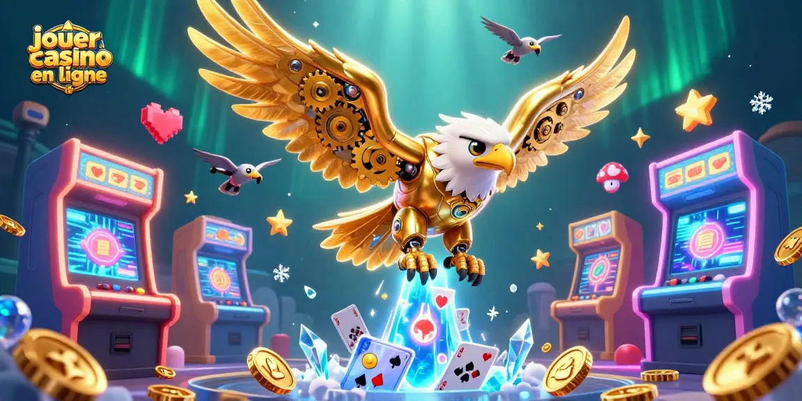 Jouez au casino en ligne avec une illustration dynamique de jeux et cartes holographiques.