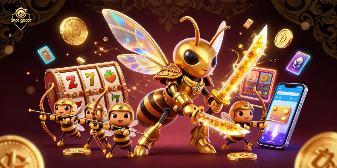 Experience thrilling slot gacor gameplay with a vibrant 3D illustration featuring winning elements and dynamic gold coins.