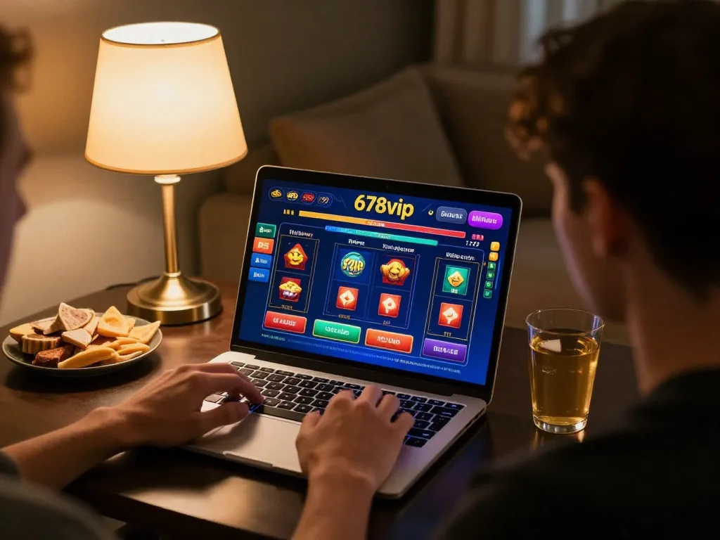 Player engaged in online casino gaming on 678vip, showcasing vibrant interface and cozy environment.