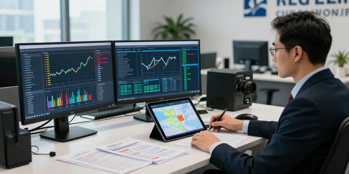 Financial crime intelligence analysis in a modern office setting with data visualizations.