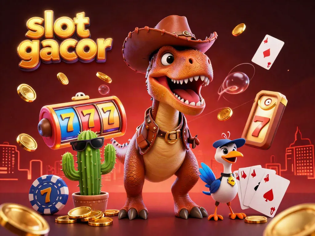 Engage with slot gacor elements featuring a cartoon dinosaur, cactus, and roadrunner among vibrant slot machines and casino details.