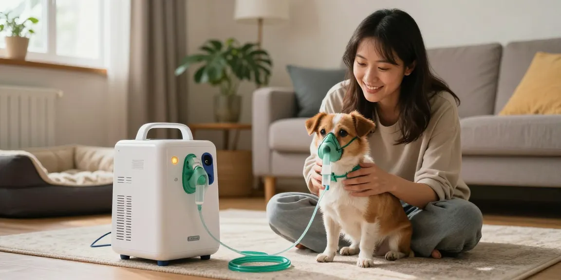 Providing oxygen therapy using the equipment from https://www.petair.hk/ in a cozy home setting with a pet owner caring for their dog.