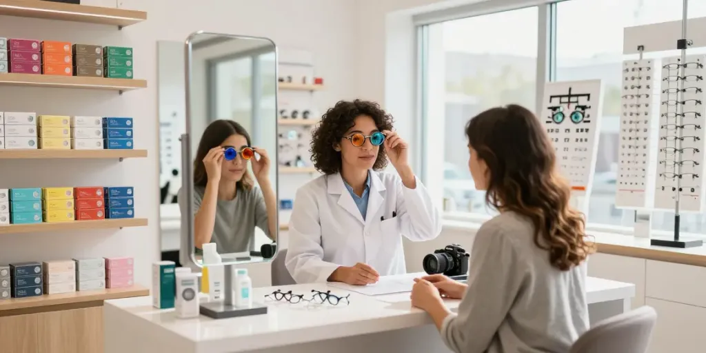 Consultora mostra lentes de contato coloridas enquanto paciente experimenta em loja moderna.