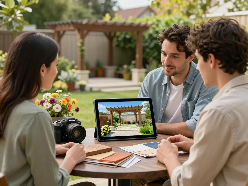 Couple engaging with Pergola Configurator Software in their garden