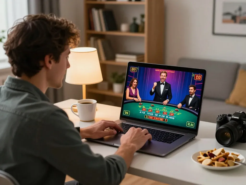 An enthusiastic player engaging with a live dealer game on 789win com from home, showcasing modern online gaming setup.