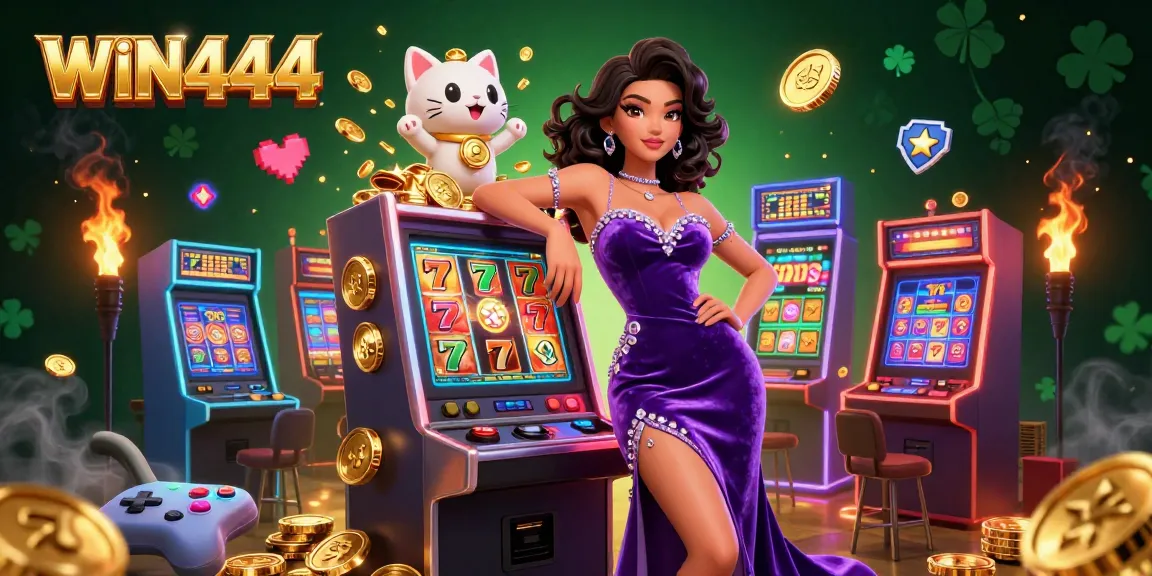 Experience the thrill of WIN444 with a glamorous scene featuring a jackpot slot machine and festive graphics.