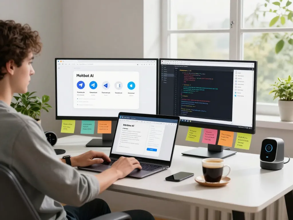 Engaging with Moltbot AI in a modern workspace, showcasing productivity and tech integration.