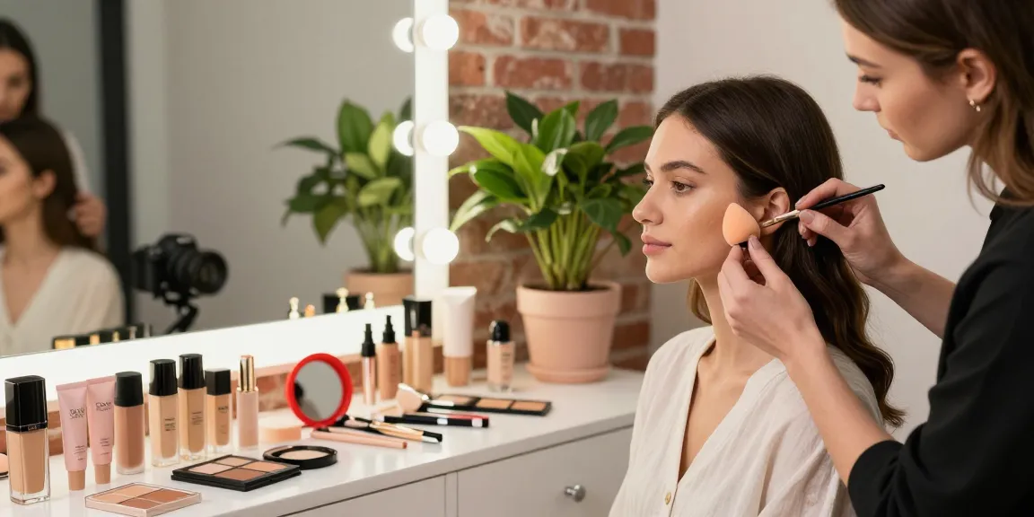 Applying foundation with a silicone beauty blender in a vibrant makeup studio.