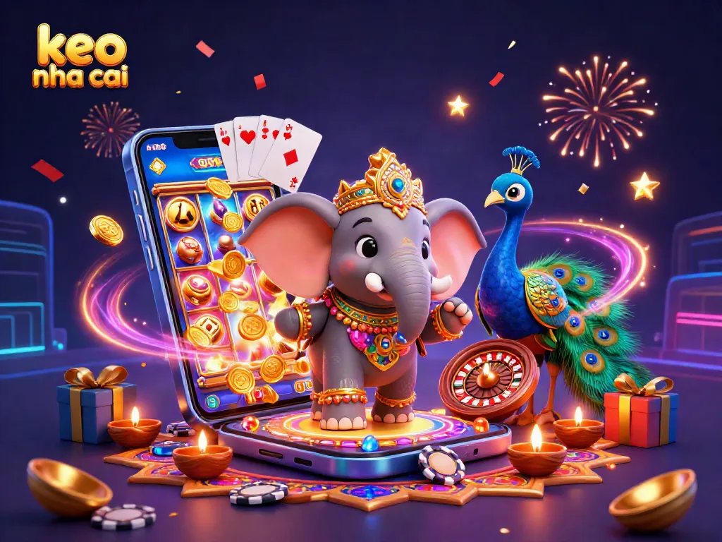 Experience keo nha cai with vibrant slot games and golden rewards amid a festive scene.