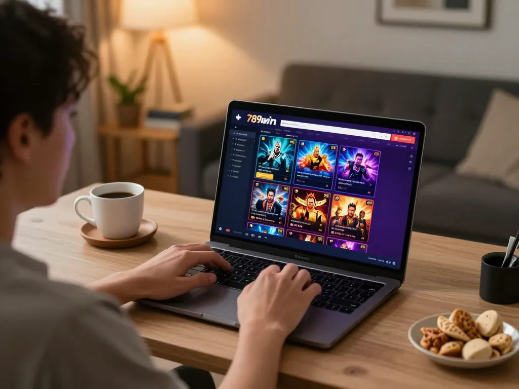 Engaging user accessing 789win link for online casino gaming in a cozy home setting