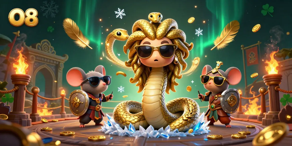 Engaging O8 gaming scene with Medusa, warrior mouse, and casino elements showcasing dynamic fun.