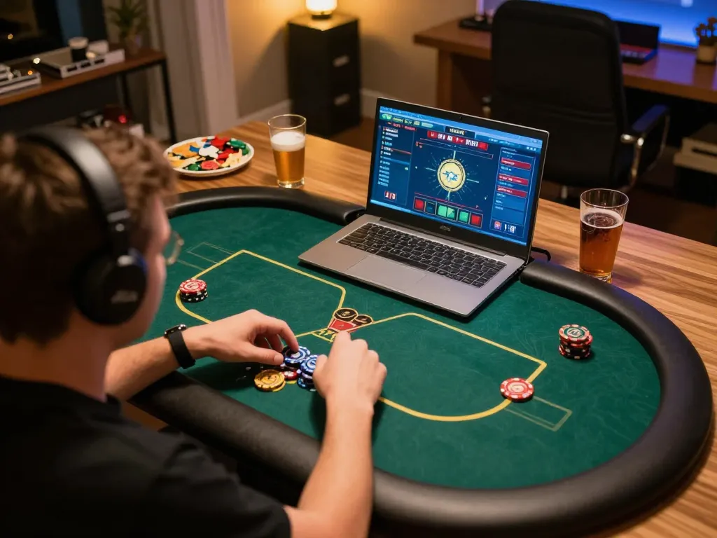open88 online poker game unfolding with vibrant betting strategies in a cozy home