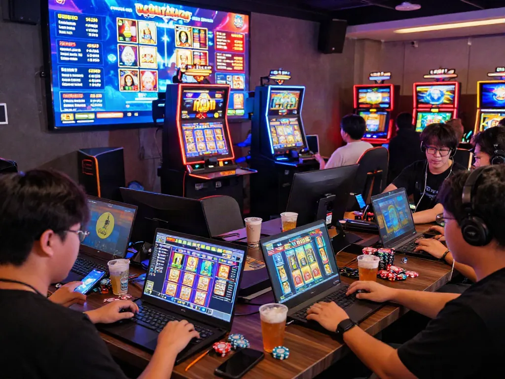 Pengalaman bermain slot gacor online dengan pemain antusias menggunakan berbagai perangkat, menampilkan suasana seru dan penuh warna.