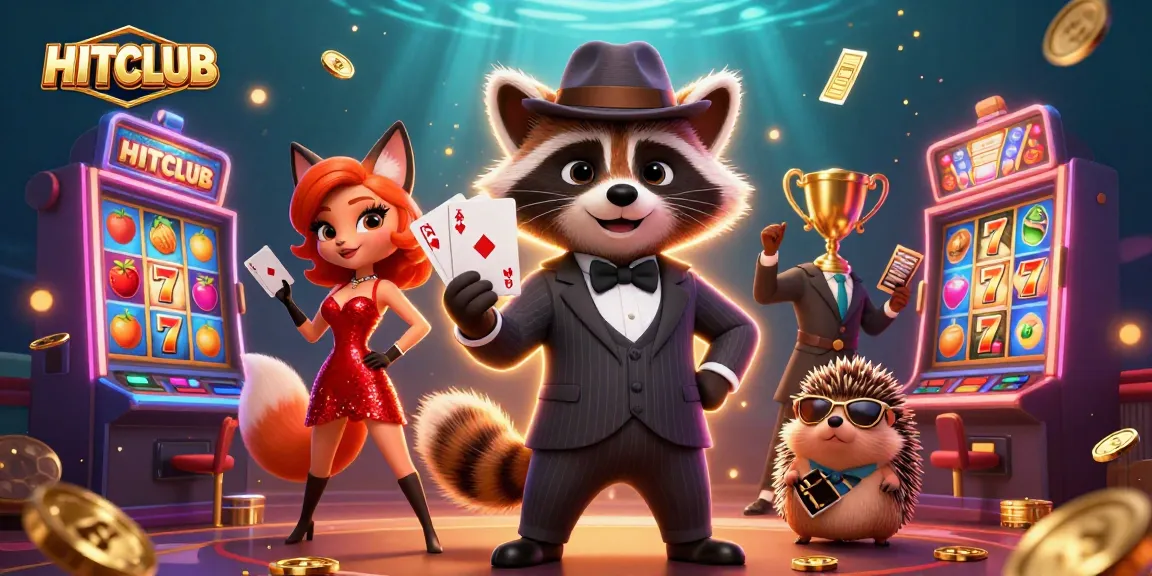 HITCLUB features a suave raccoon holding a royal flush with dynamic slot machines in a vibrant casino scene.
