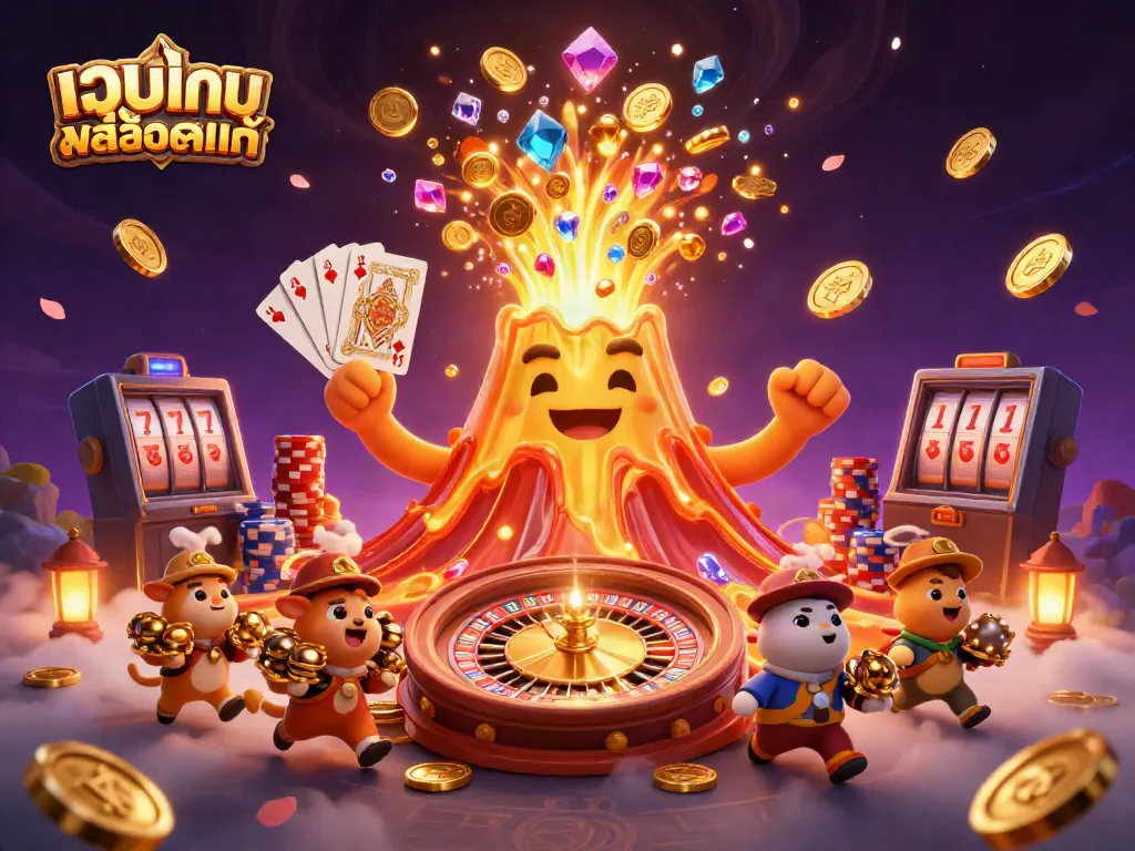 Experience the thrill of เว็บเกมสล็อตแท้ with a victorious golden volcano erupting treasures in a vibrant casino scene.