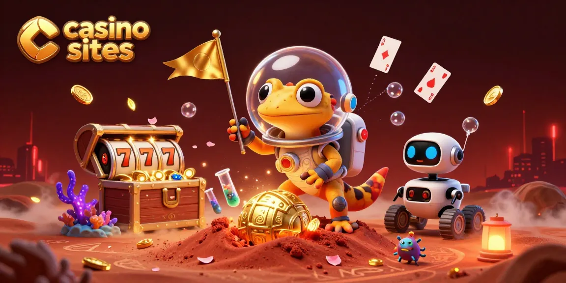 Enjoy vibrant action at casino sites with a Martian gecko uncovering treasure and gaming elements from under Mars sand.