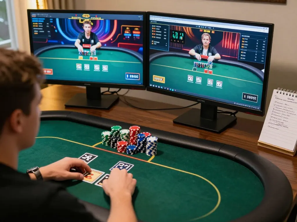 Engaging in multi-table online poker gameplay at O8, showcasing strategic hands and vibrant gaming atmosphere.