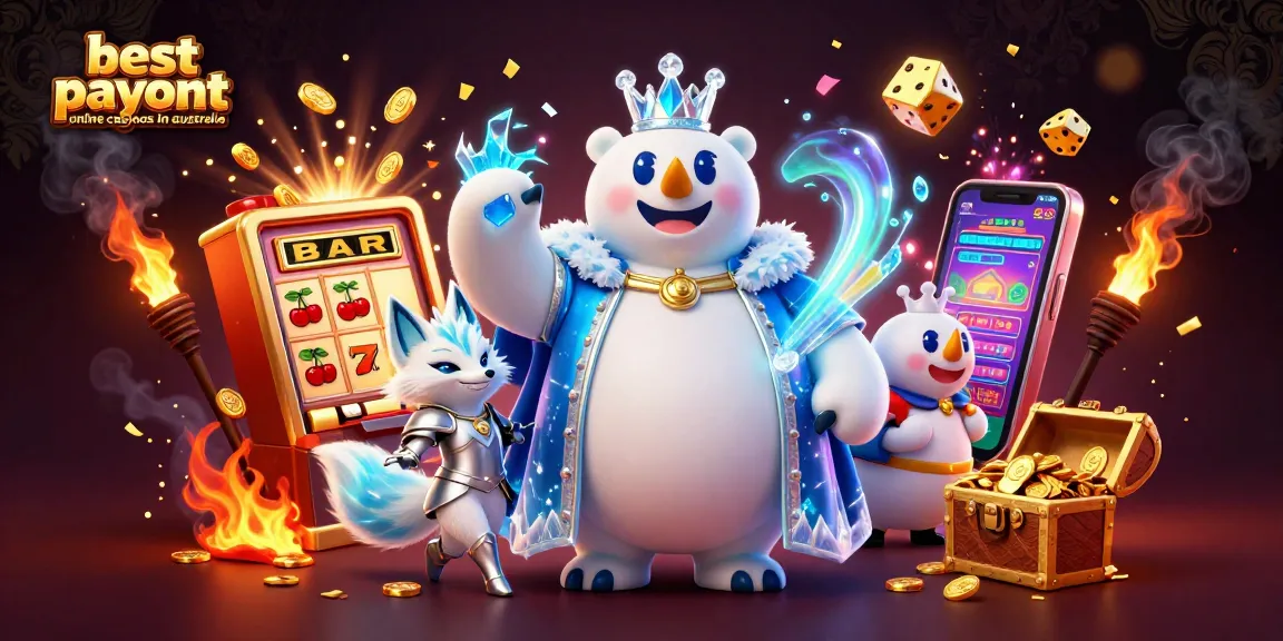 Experience the thrill at the best payout online casinos in australia with a 3D polar bear and fox in a dynamic casino setting.