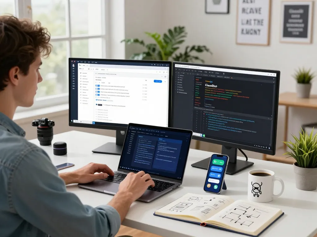 ClawdBot AI personal assistant setup in a modern home office with vibrant technology integration.