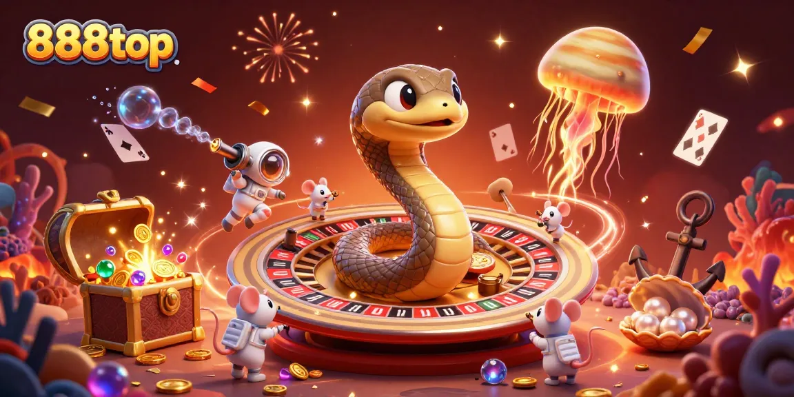 Experience thrilling games at 888top, where vibrant 3D snake and cosmic dealer create an exciting atmosphere.