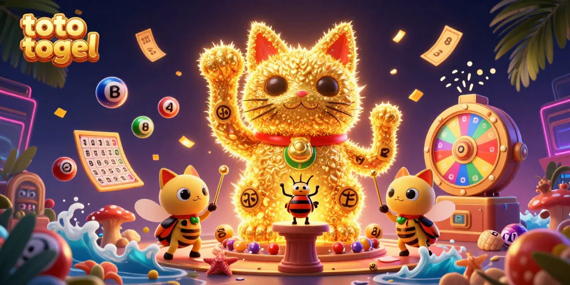 Engage with exciting toto togel gameplay amid vibrant lottery elements and a lucky cat.