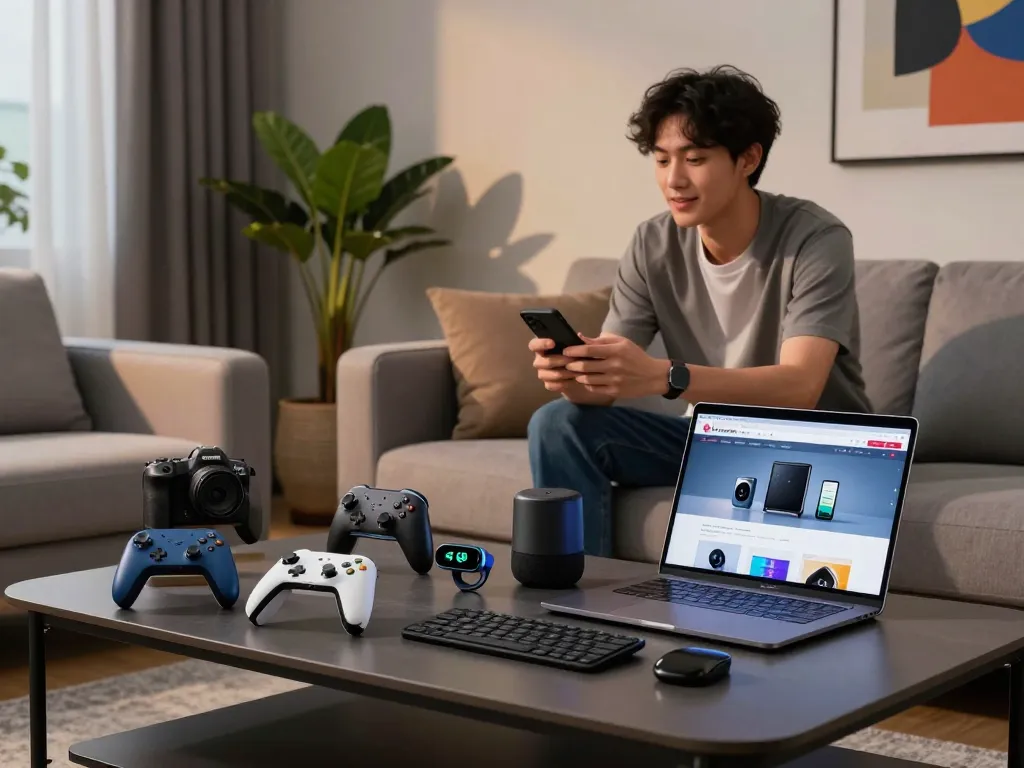 Young adult enjoying affordable tech gadgets in a modern living room.